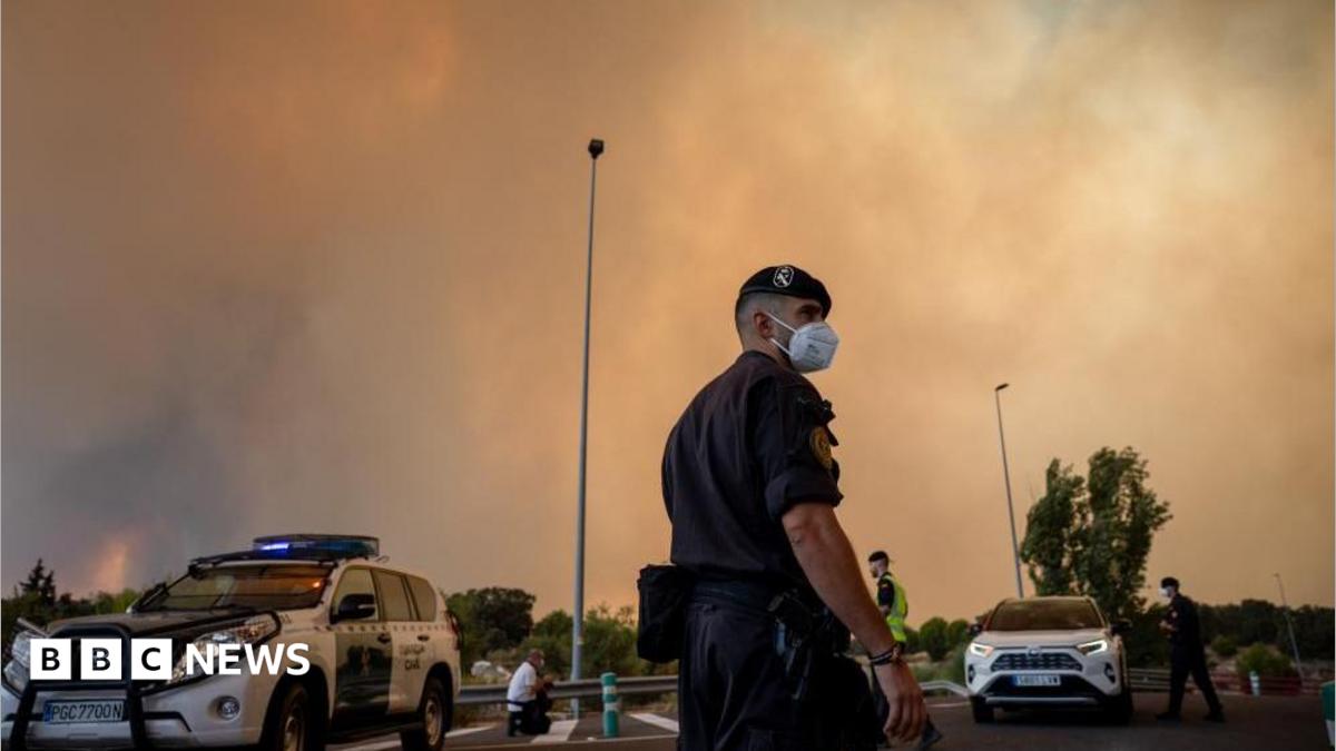 A Spanish Civil Guard officer wears a protective mask as smoke from a wildfire obscures the sky in Cenicientos, Madrid