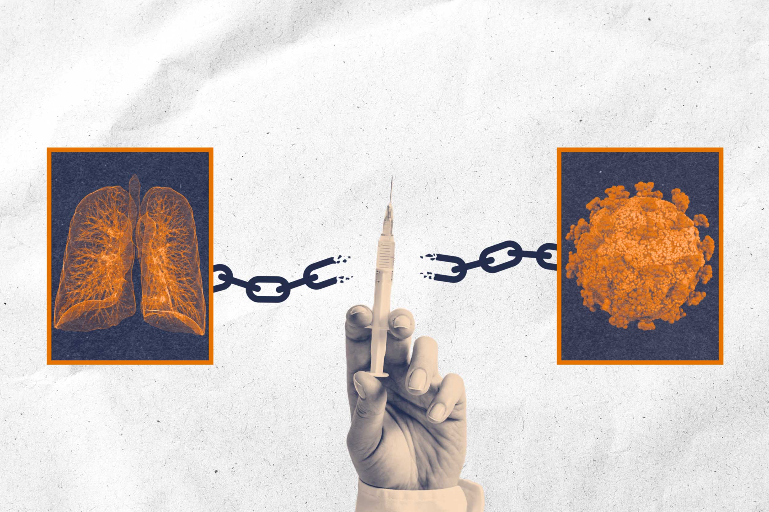 Hand holding a syringe breaking a chain between images of lungs and a virus, symbolizing vaccination and disease prevention