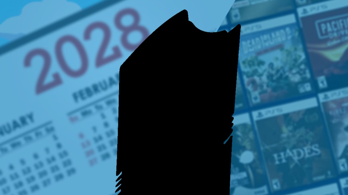 A console in silhouette over a 2028 calendar and a pile of PS5 games
