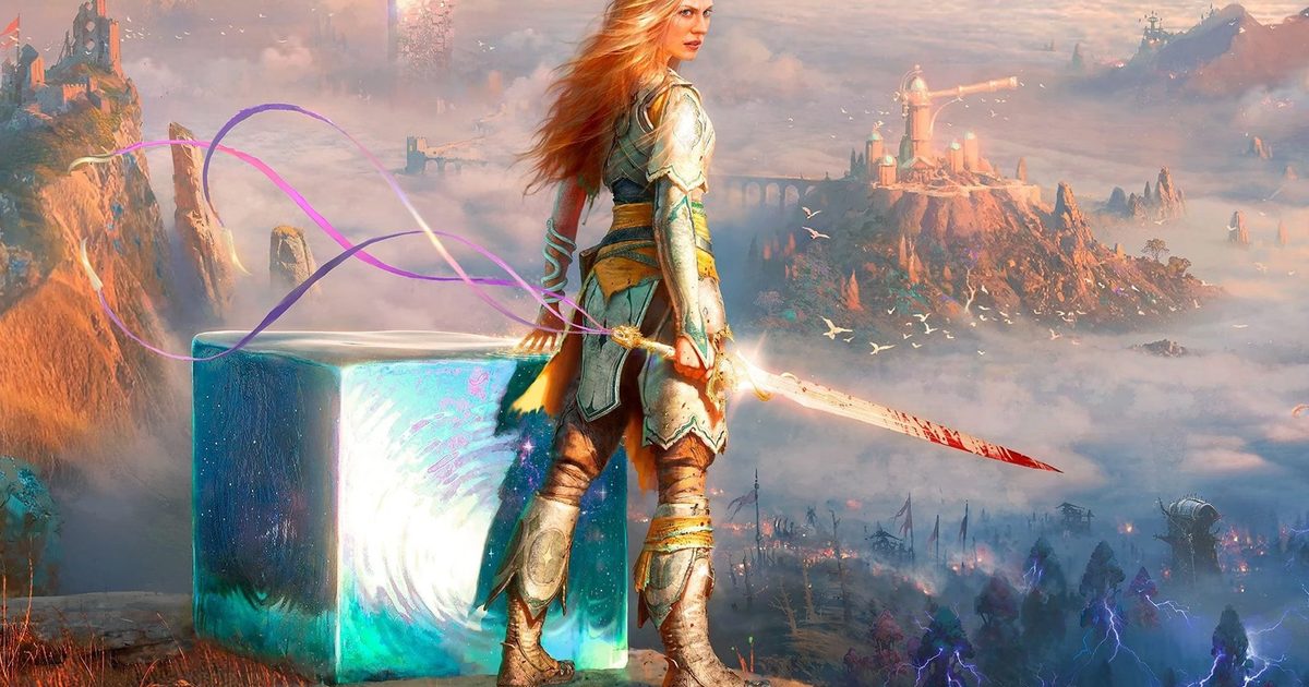 Key art for God of War Laufey, depicting Faye, Phranque and the ribbon, Rue, stood atop a mountain, overlooking a fantasy