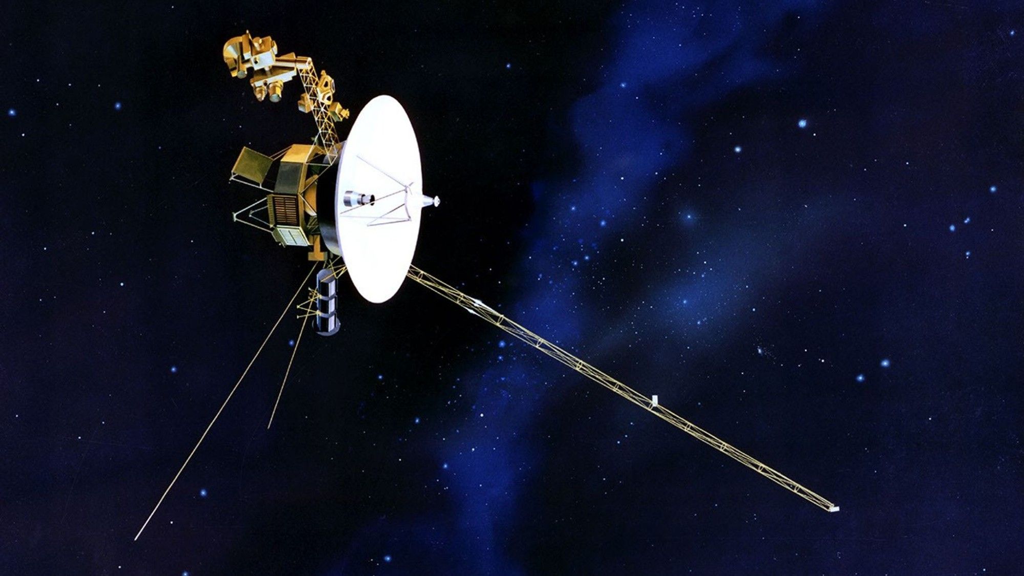 a spacecraft consisting of a large round radar dish, three long pole-like appendages extending from an octagonal body