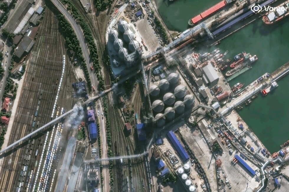 This image provided by Vantor shows smoke in an overview of port infrastructure in Novorossiysk, Russia, Wednesday, Aug. 12