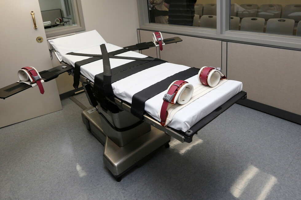 This Oct. 9, 2014, file photo shows the gurney in the execution chamber at the Oklahoma State Penitentiary in McAlester