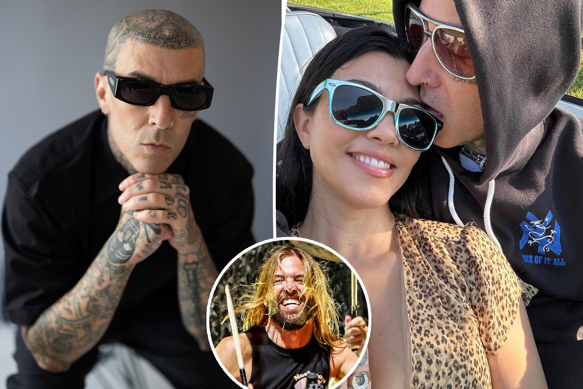 Travis Barker, left, Travis Barker with Kortney Kardashian, right, Taylor Hawkins, center