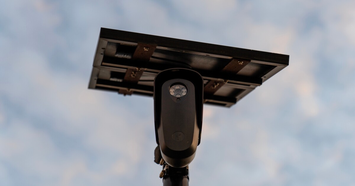 A Flock Safety license plate reader is seen along a public road, Oct. 16, 2025, in Houston. The cameras have drawn criticism