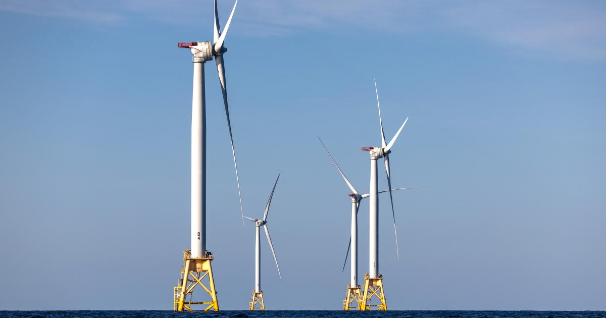 AT SEA - JULY 07: Wind turbines generate electricity at the Block Island Wind Farm on July 07, 2022 near Block Island, Rhode