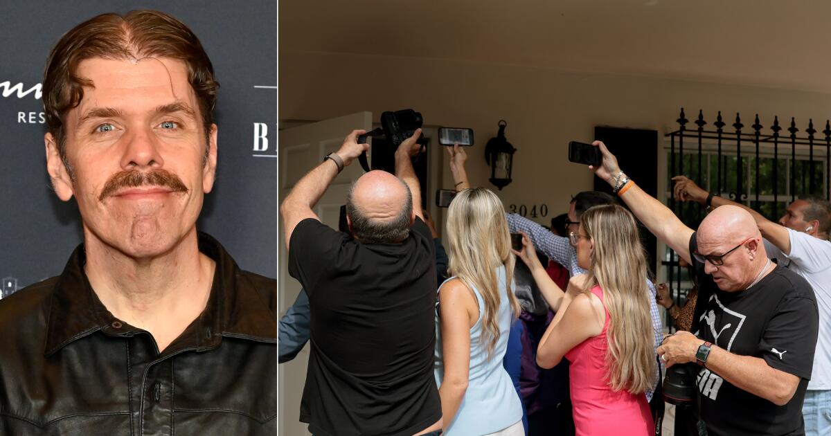 On the left Perez Hilton wears a black leather coat and on the right paparazzi swarm Perez Hilton's Miami house